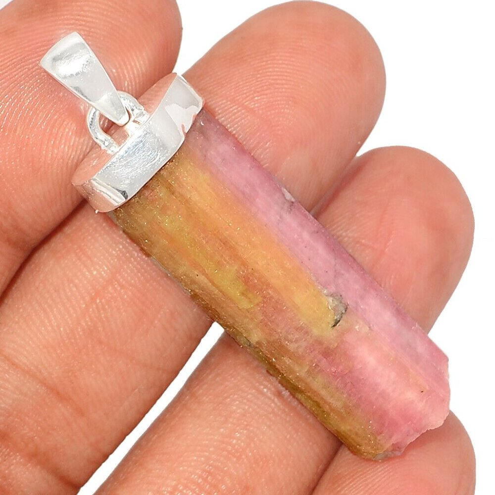 Natural Pink Tourmaline Crystal 925 Sterling Silver Pendant REIKI, Healing